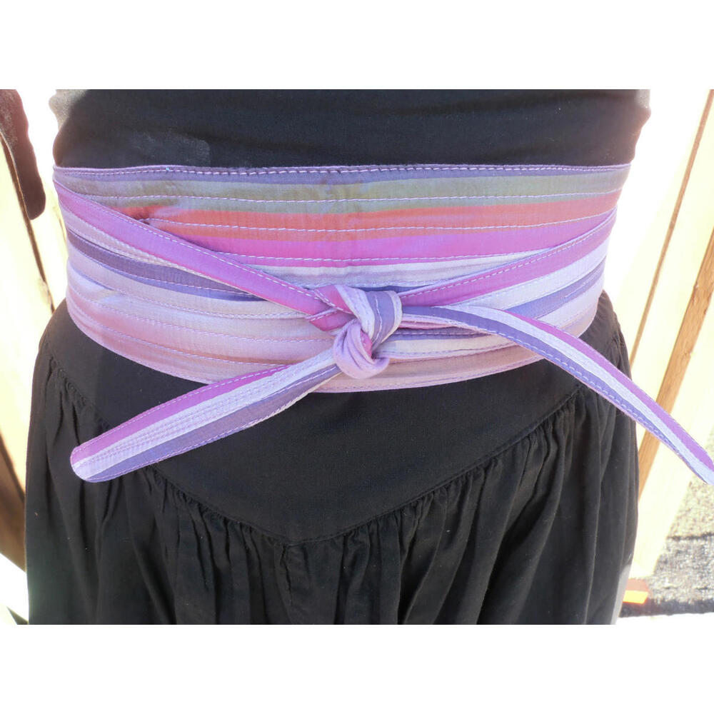 Vintage 70s Silk Sash Obi Belt M Purple Lavender Wide Boho Hippie Stripes 1970s